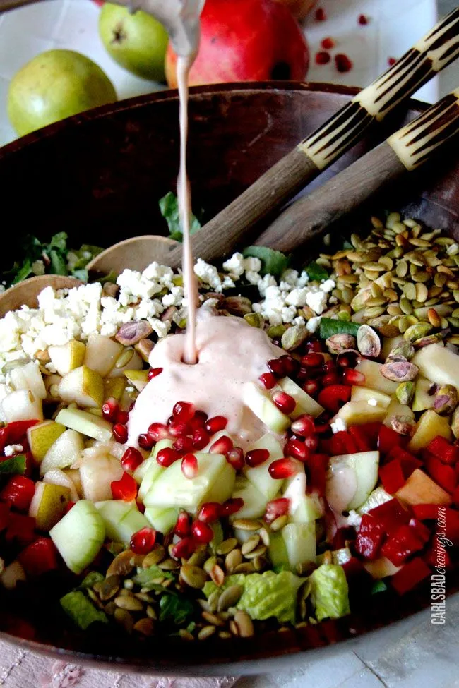 Pomegranate Pear Pistachio Salad with Creamy Pomegranate Dressing