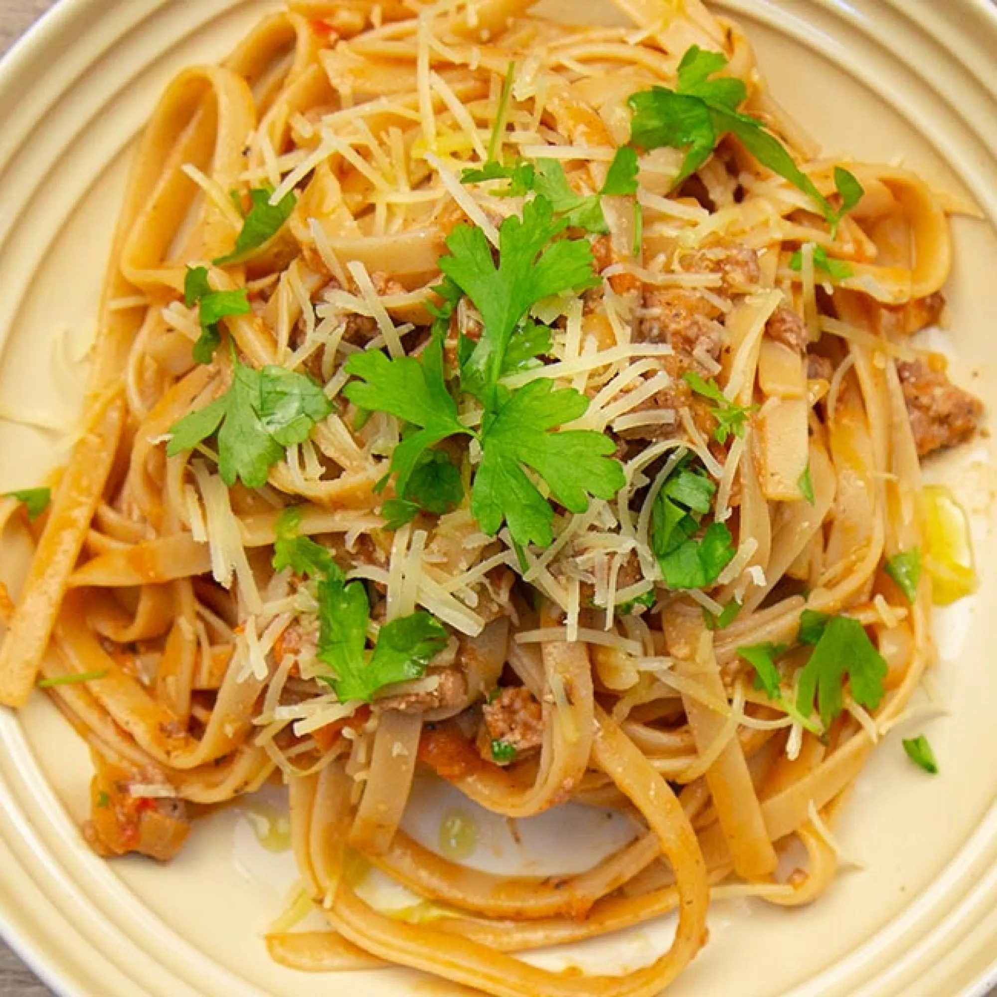 Pork Sausage Pasta with Roasted Eggplant and Tomato Sauce