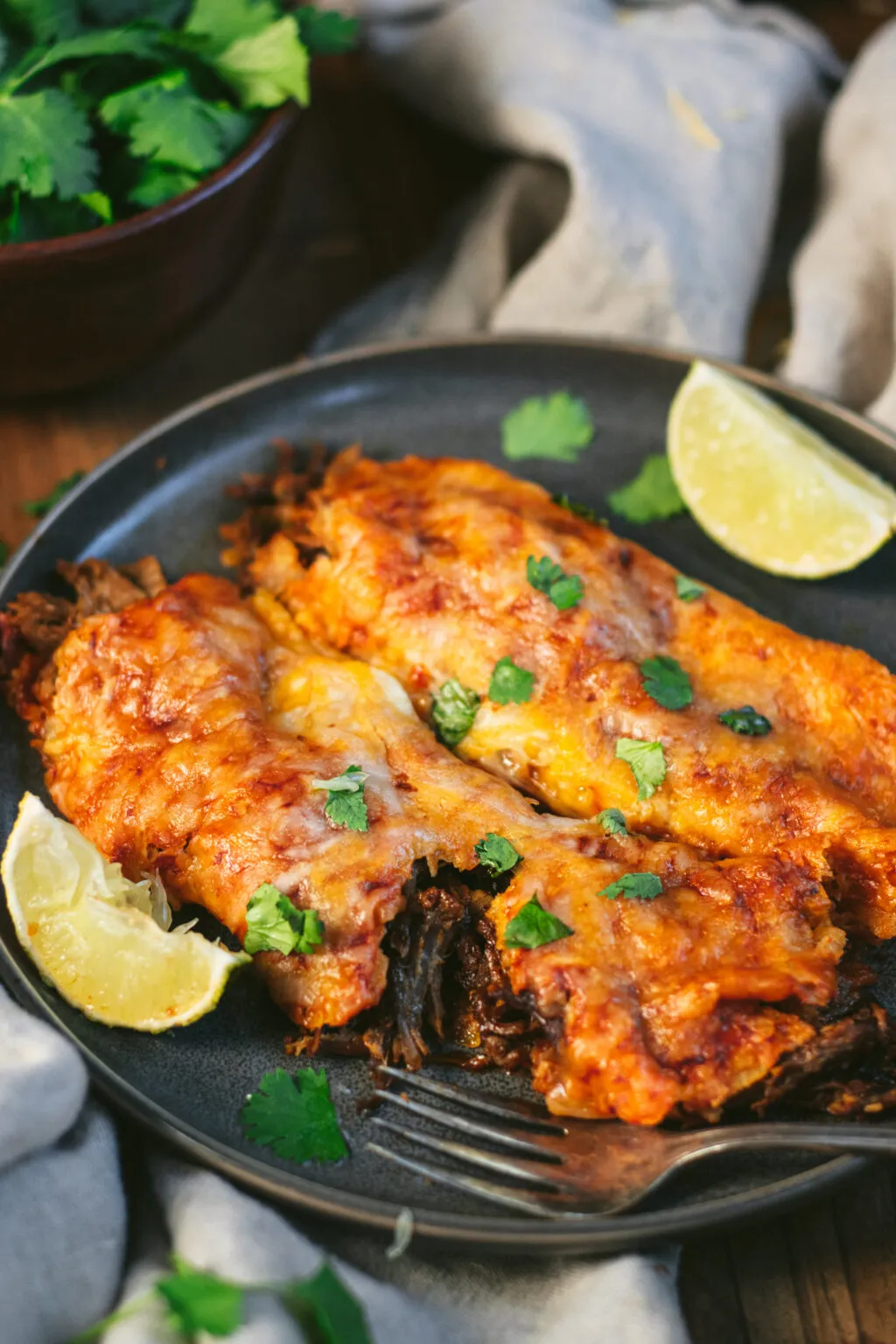 Pressure Cooker Beef Brisket Enchiladas with Red Chile Sauce