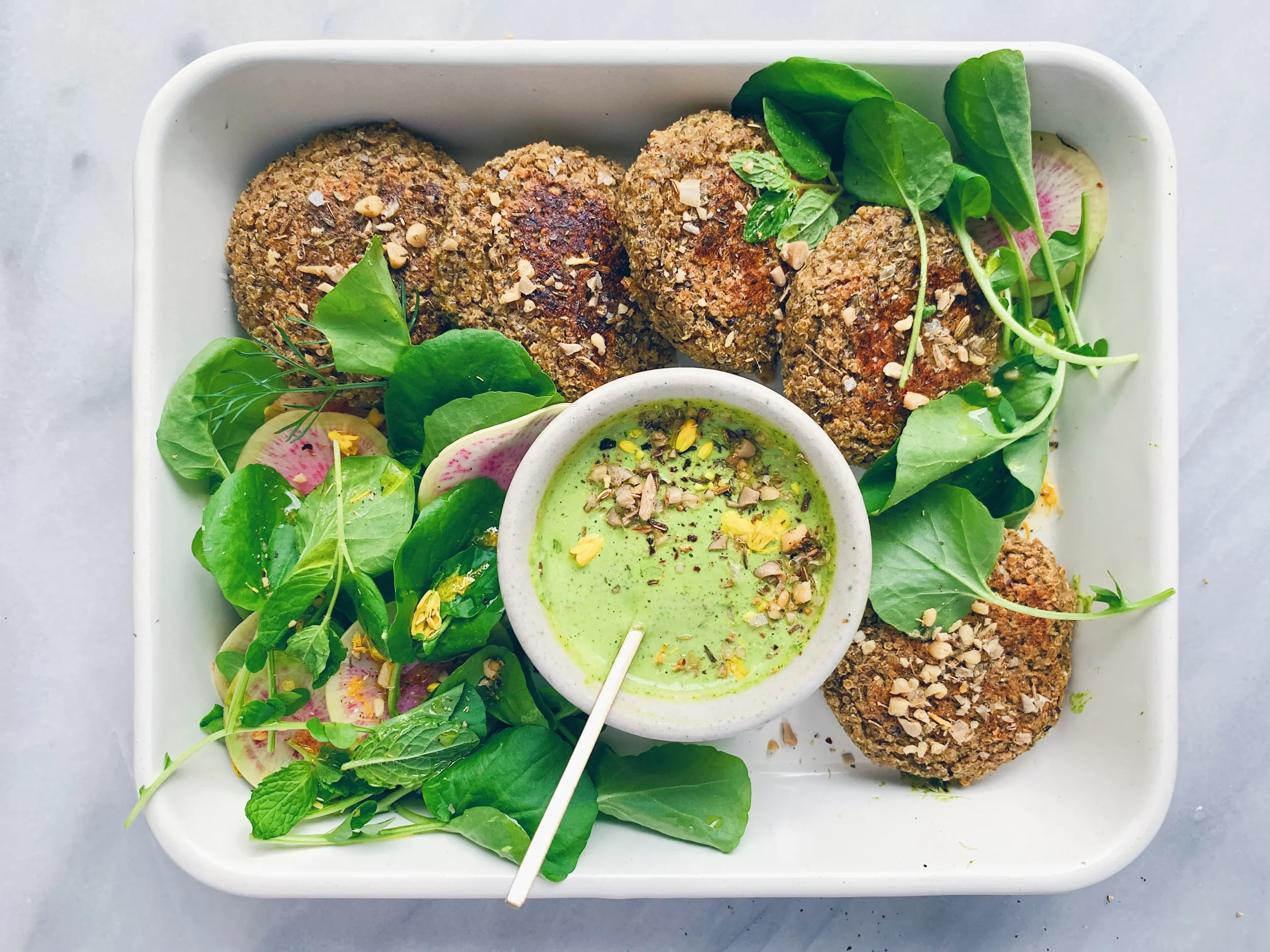 Quinoa Swiss Chard Patties with Avocado Tahini Dip