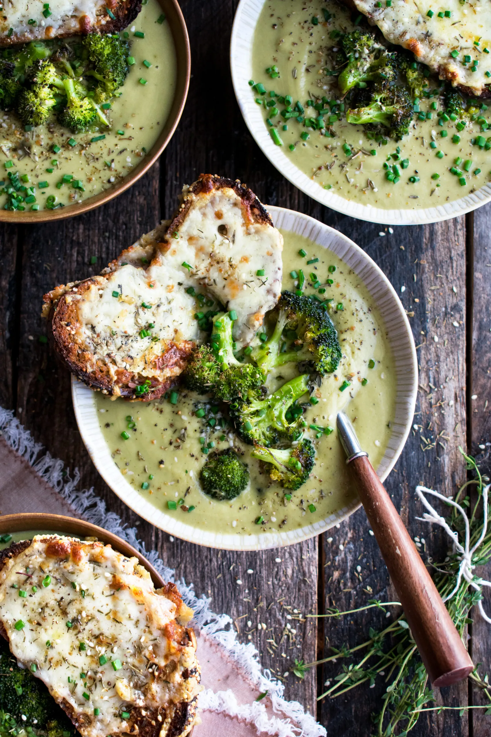 Roasted Broccoli Soup with Melted Cheddar Croutons