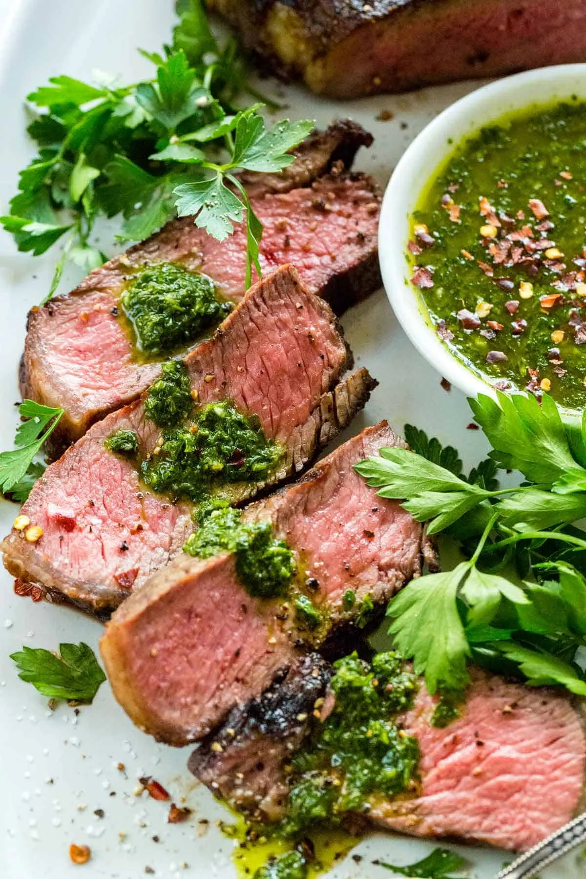Roasted Garlic Chimichurri NY Strip Steaks