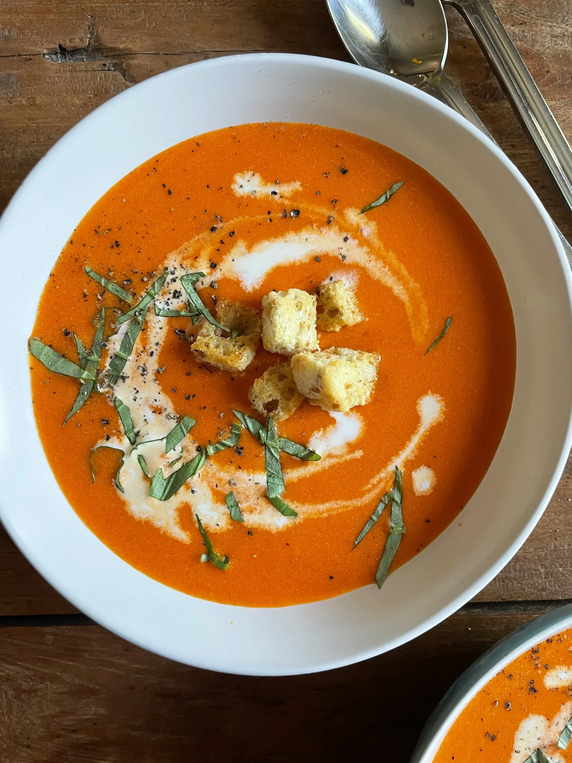 Roasted Red Pepper Soup with Cheesy Herb and Garlic Croutons