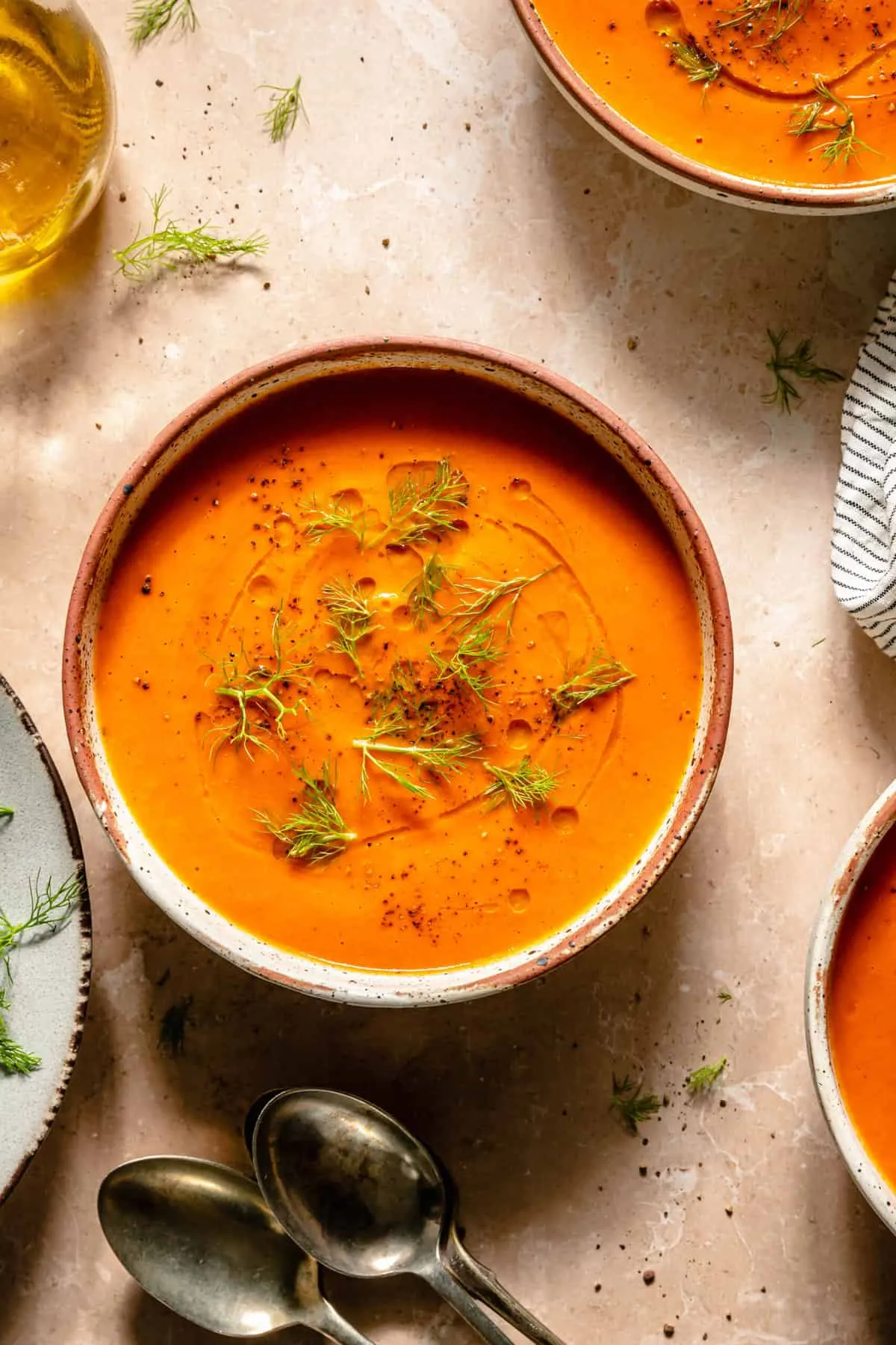 Roasted Red Pepper Tomato Fennel Soup with Goat Cheese