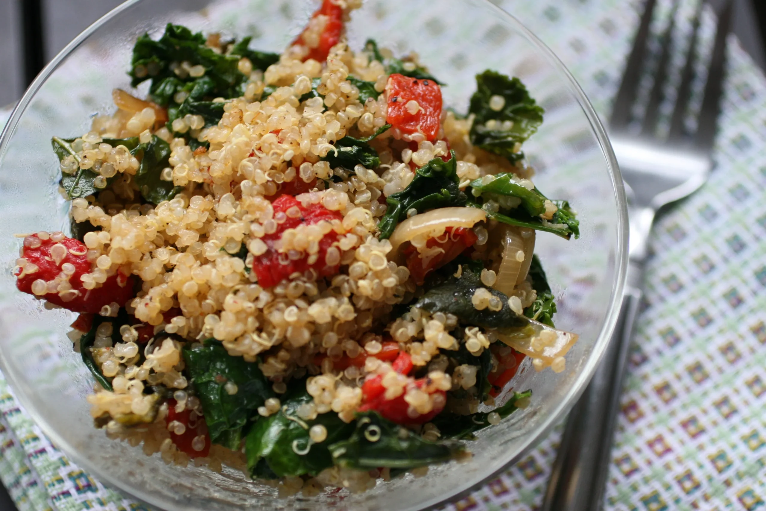 Roasted Red and Yellow Peppers with Quinoa Garbonzos and Olives