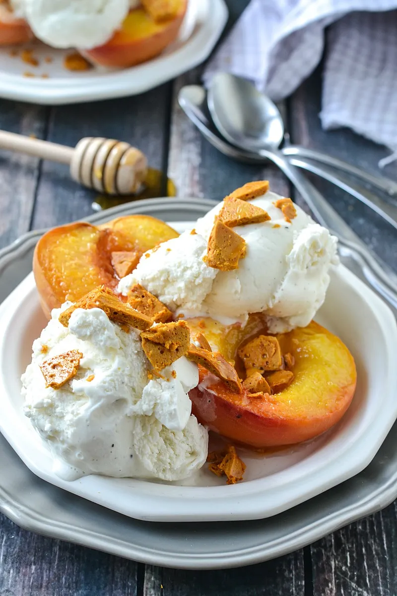 Roasted White Peaches with Honeycomb Vanilla Ice Cream