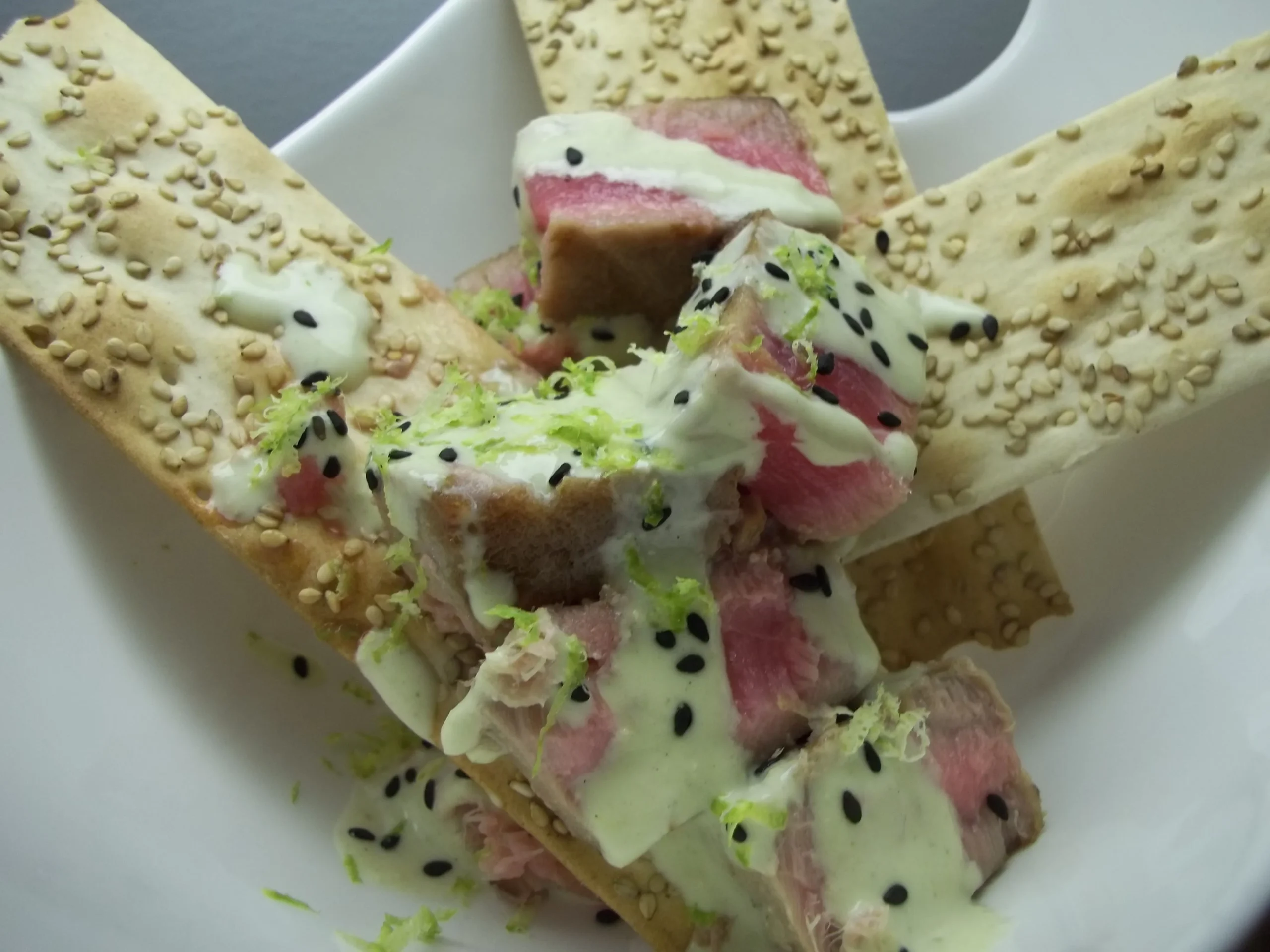 Seared Tuna Kohlrabi Slaw with Ginger Lime Aioli