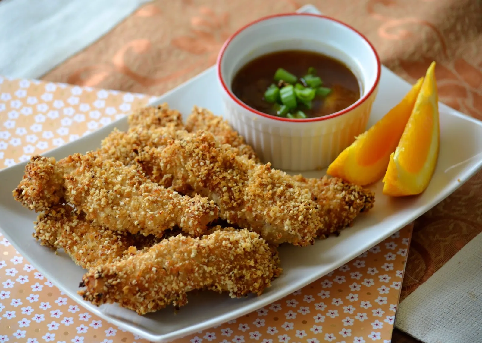 Sesame Chicken Fingers with Plum Sauce