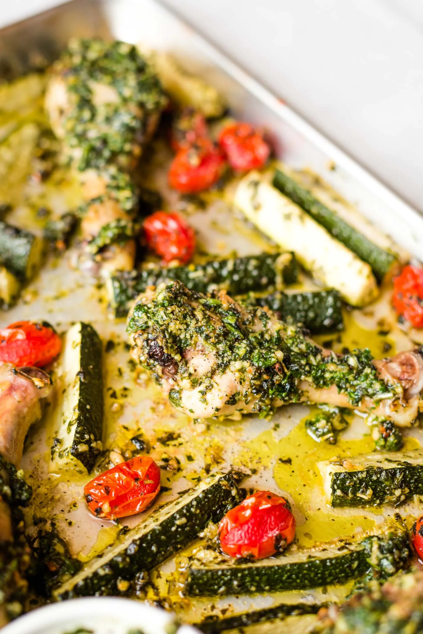 Sheet Pan Pesto Chicken with Zucchini and Tomatoes
