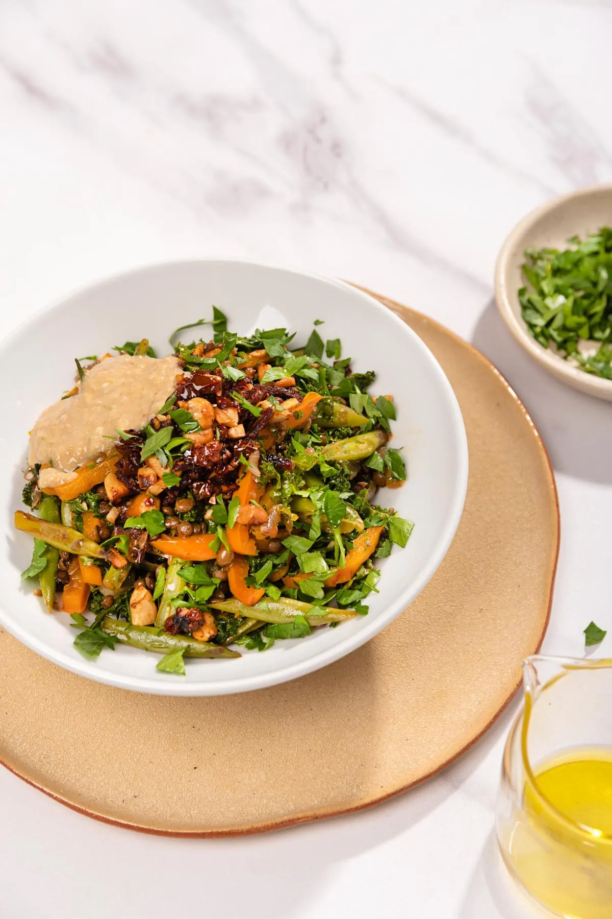 Shoestring Summer Vegetables Lentils Smoky Tahini Dressing