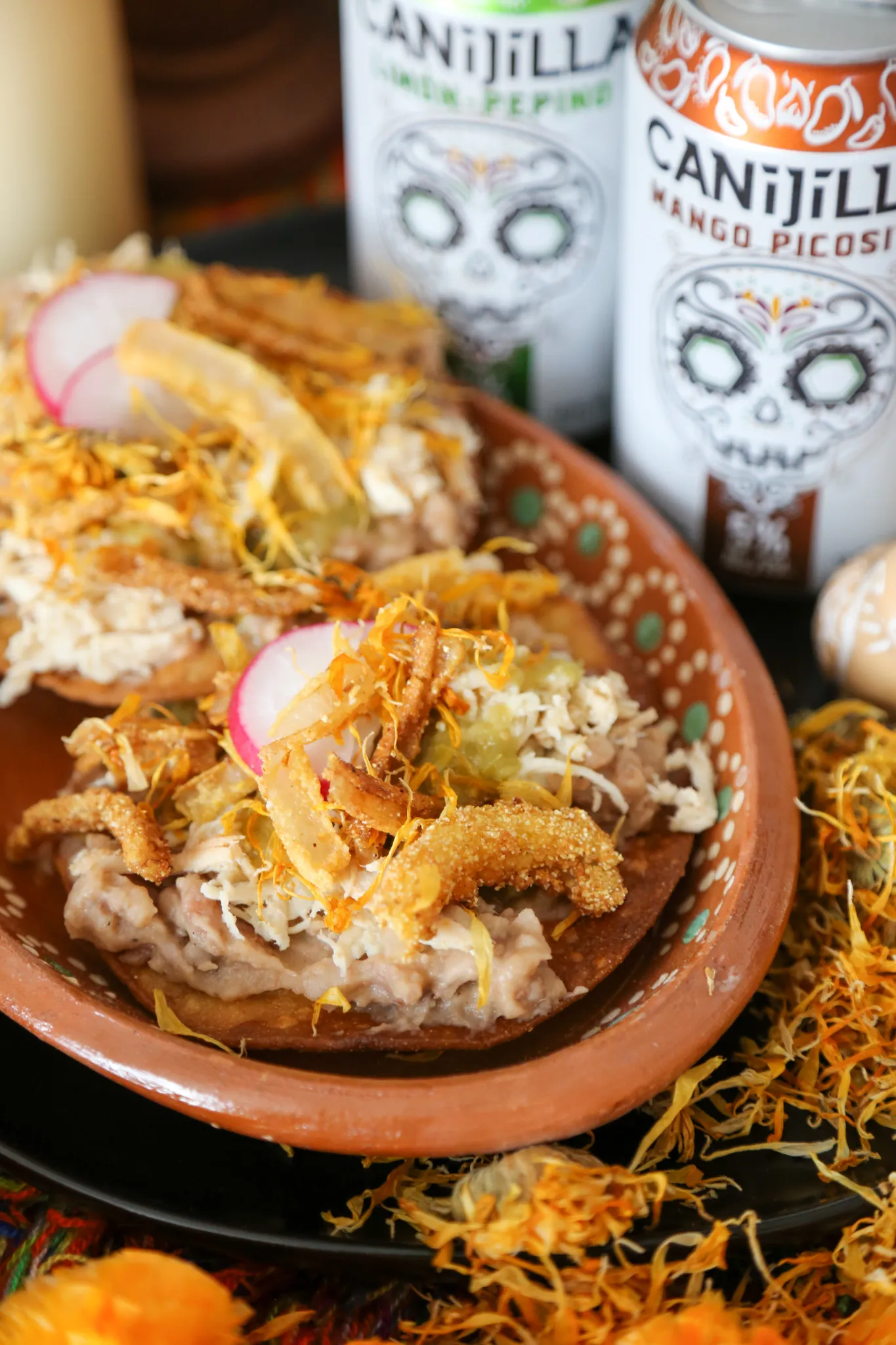 Shredded Chicken Tostadas with Salsa Verde and Fried Onions Marigolds