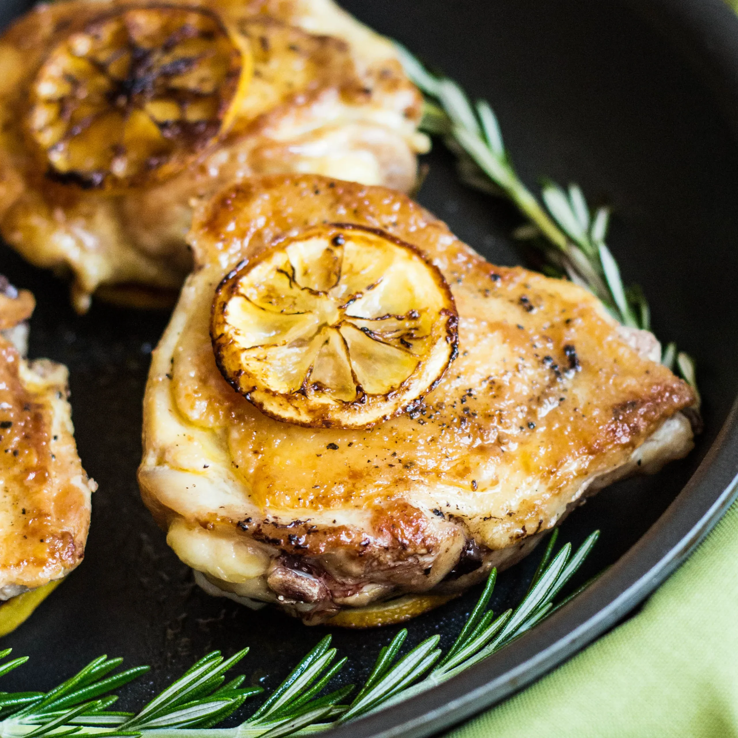 Skillet Roasted Chicken Thighs with Rosemary Lemon and Olives