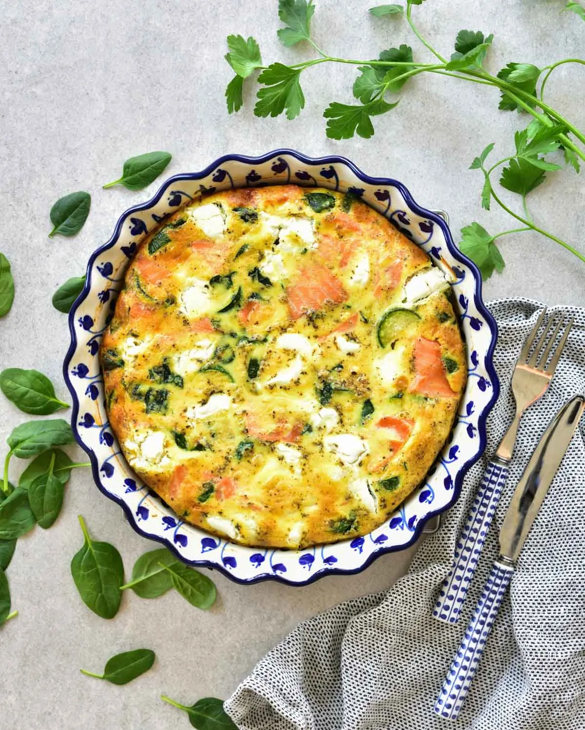 Smoked Salmon Zucchini Spinach and Goat Cheese Frittata
