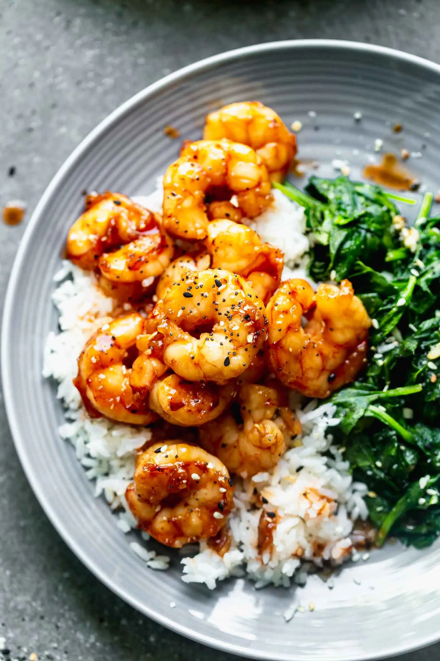 Soy and Honey Glazed Prawns with Garlicky Beans and Bulgur Wheat