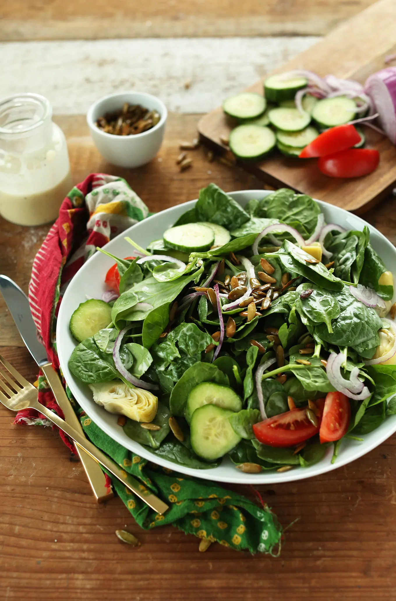 Spinach Salad with Creamy Sunflower Seed Dressing (Vegan, Gluten-Free, Raw)