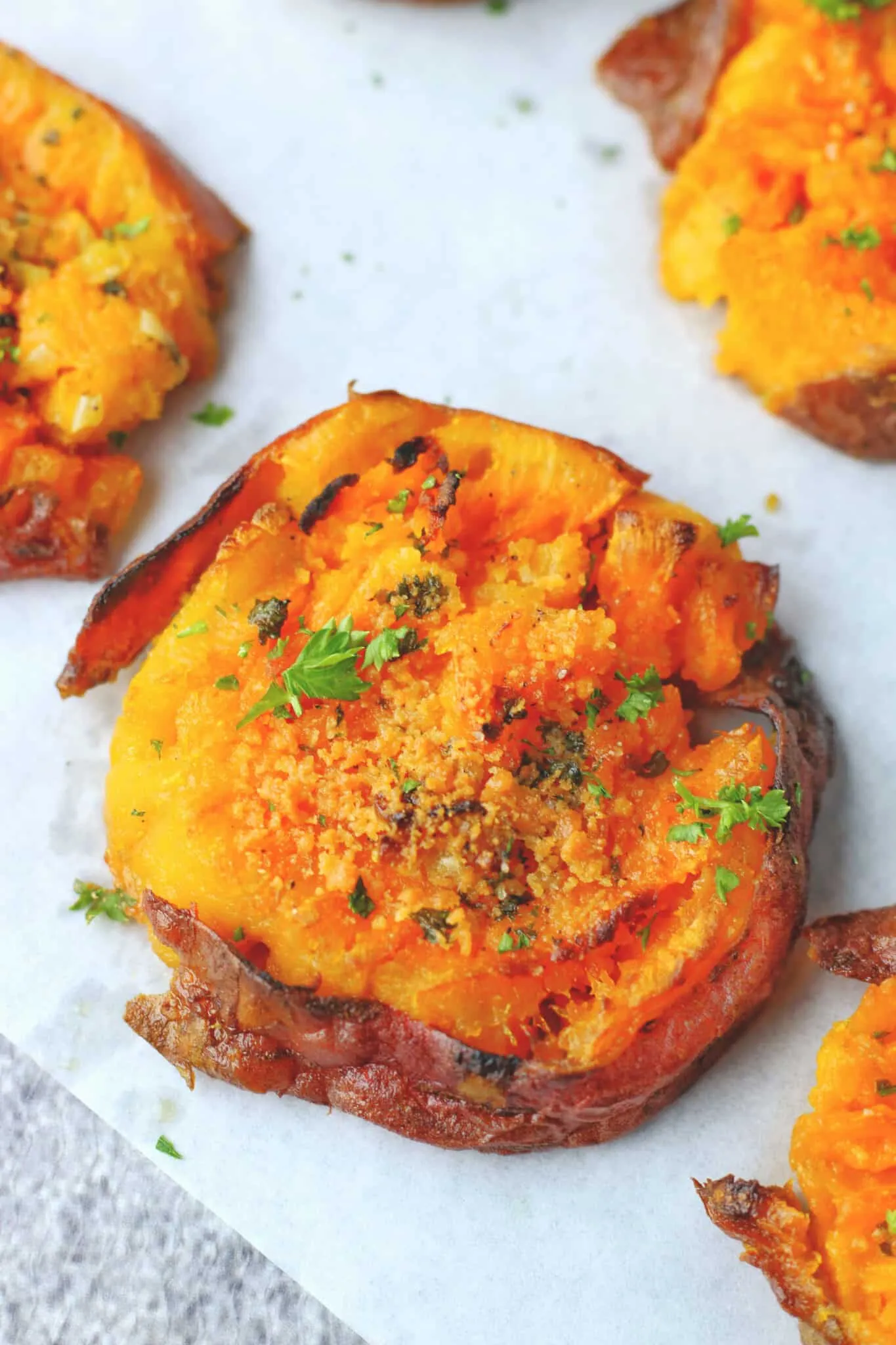 Sweet Spicy Cocoa Smashed Sweet Potatoes