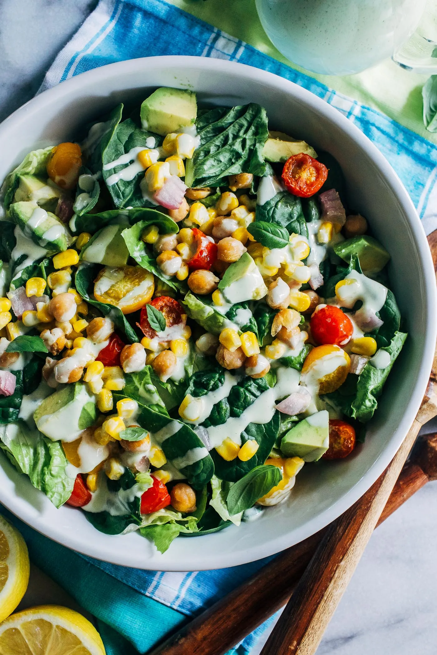 Tomato Avocado Corn and Basil Salad with Lemon Balsamic Vinaigrette