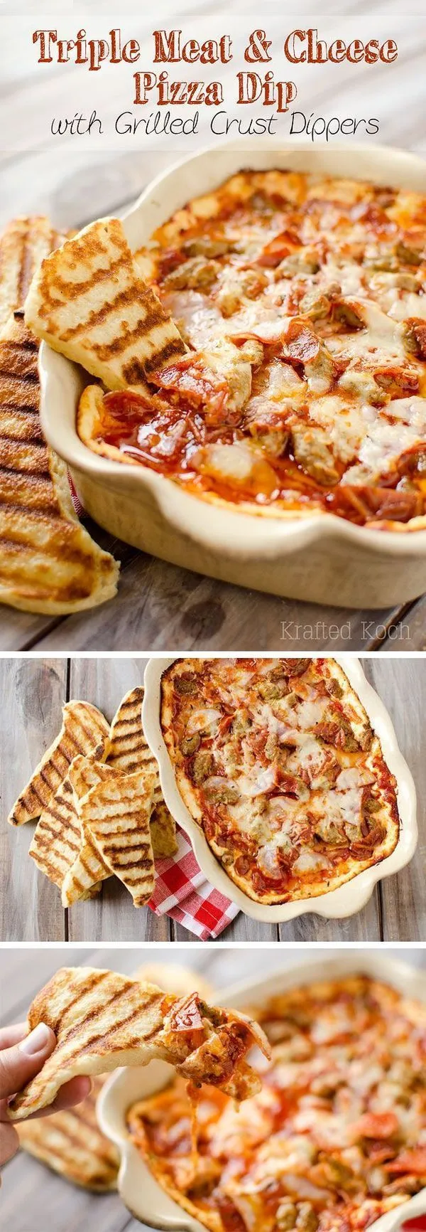 Triple Meat Cheese Pizza Dip with Grilled Crust Dippers