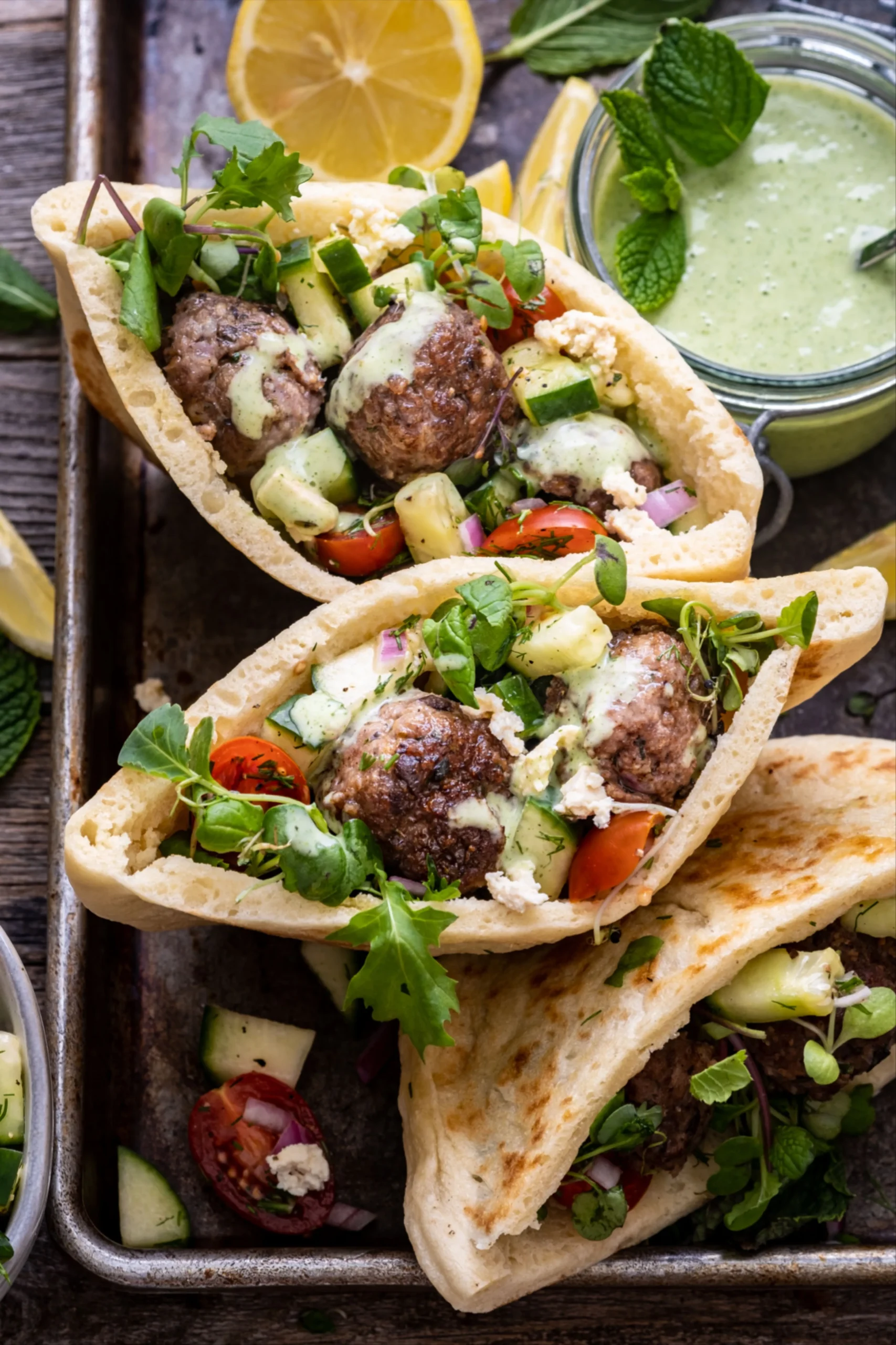 Turkey Meatballs Pita Pockets with Cucumber Yogurt Sauce
