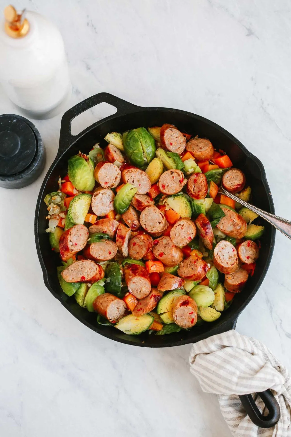 Turkey Sausage Skillet with Brussels Sprouts and Sweet Potatoes
