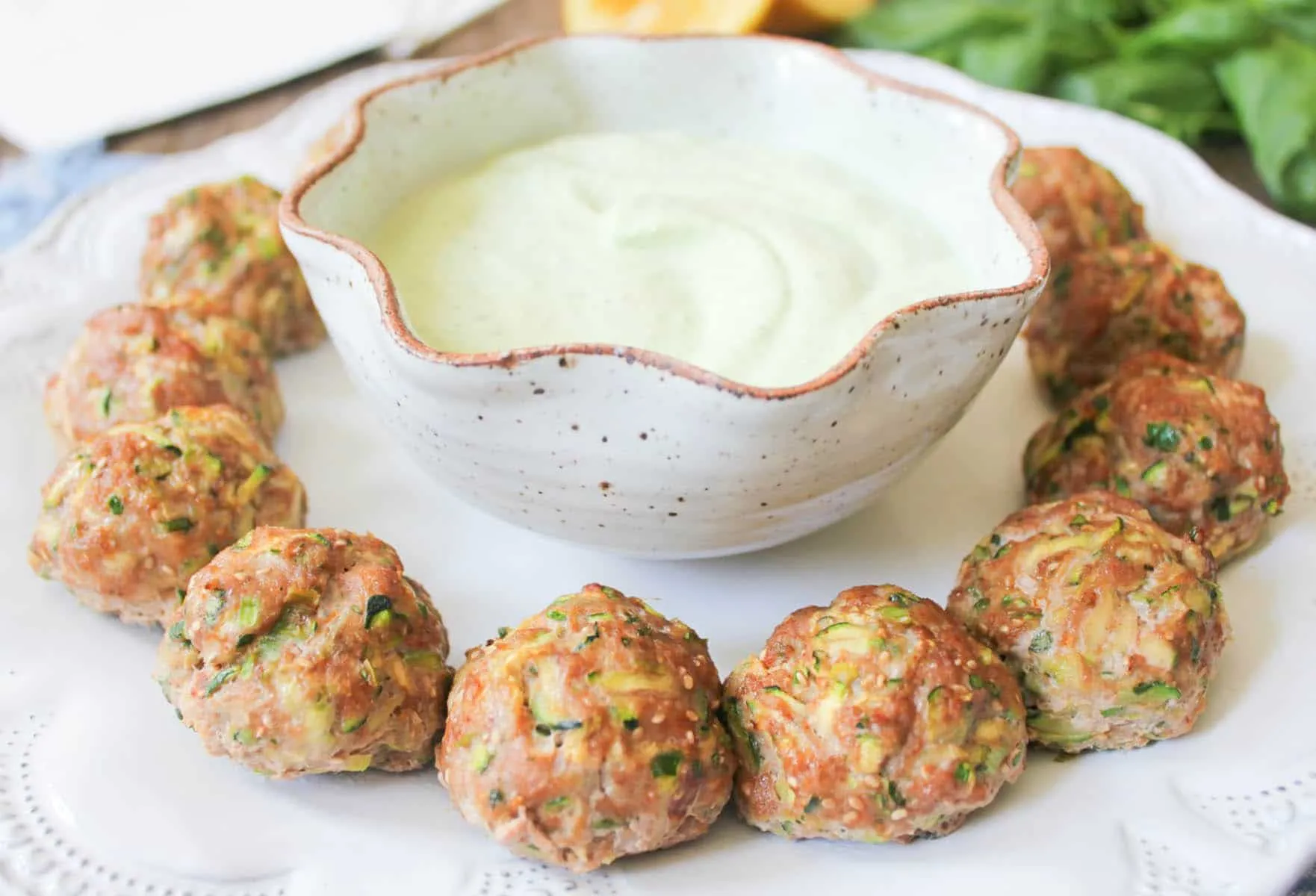 Turkey Zucchini Meatballs with Lemony Yogurt Sauce