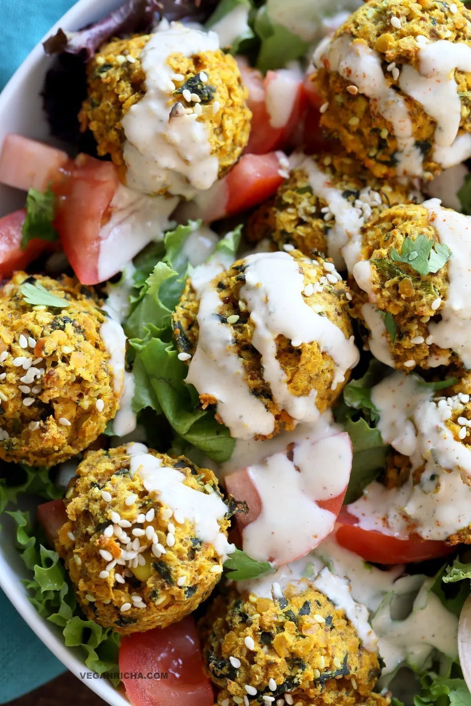 Turmeric Lentil Fritters Tomato Bowl Tahini Dill Sauce