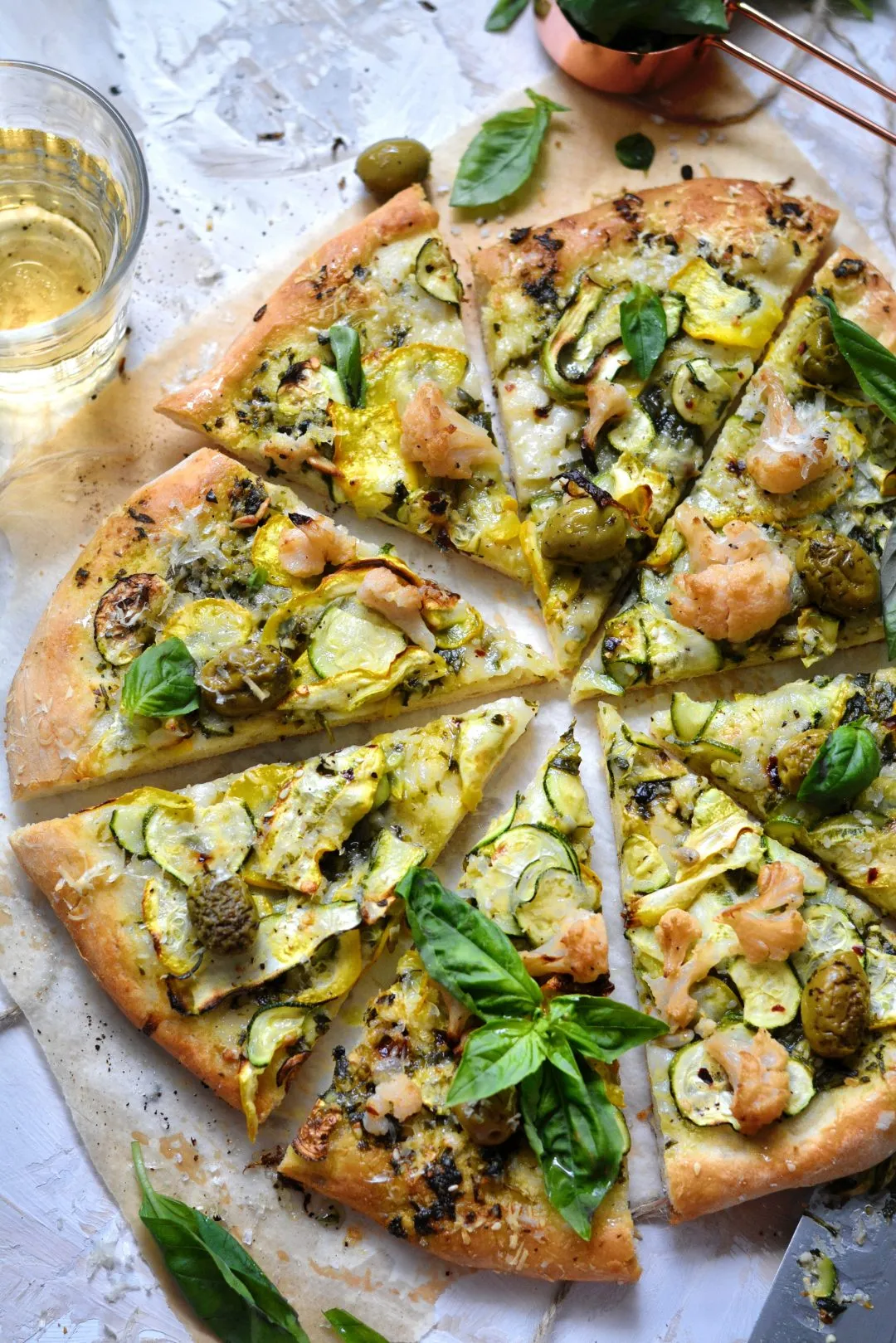 Vegan Pizza with Pesto, Courgette, and Tomatoes