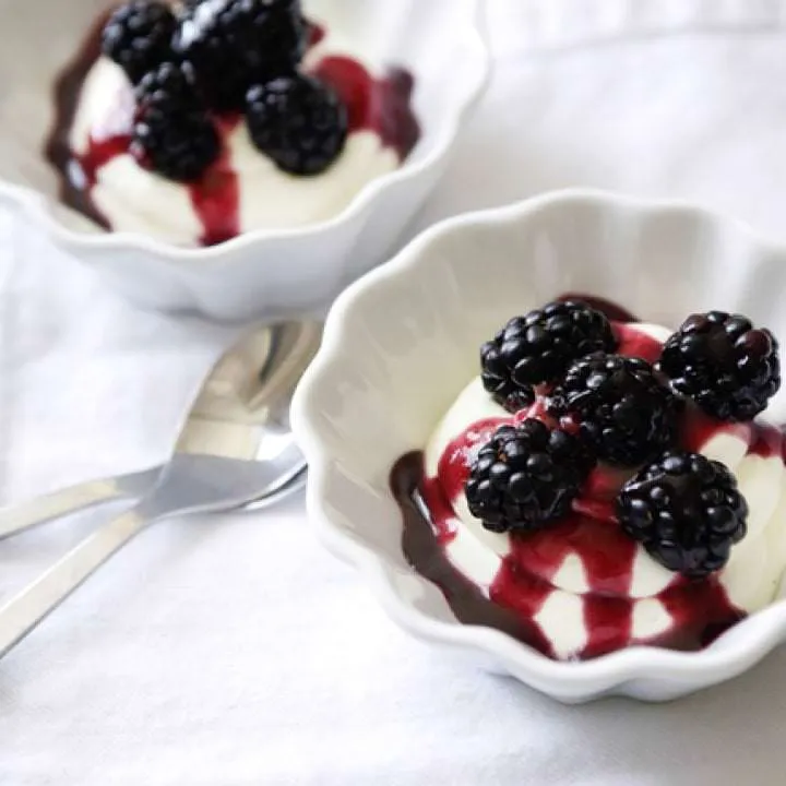 White Chocolate Lemon Mousse with Blackberry Lavender Syrup
