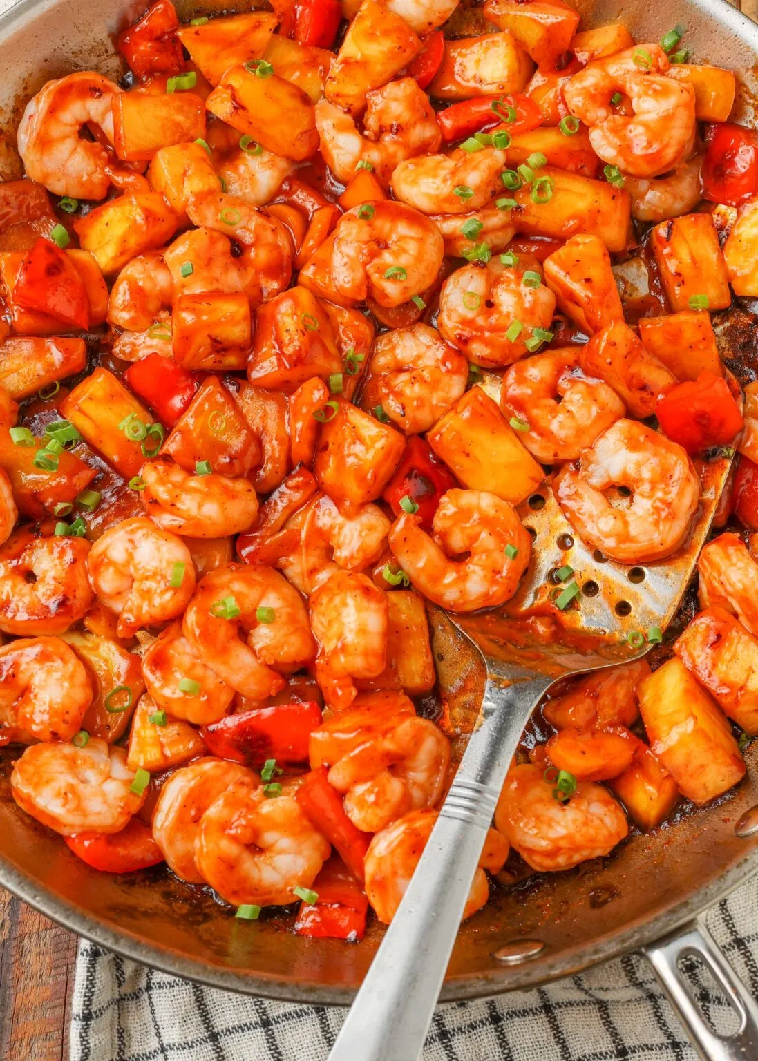 spicy pineapple kale shrimp stirfry